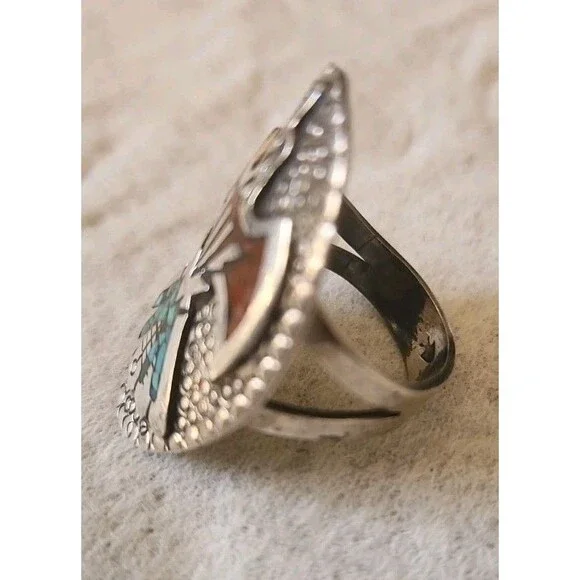 Vintage Navajo Sterling Silver Turquoise Inlay Bird Ring Size 10.5-11